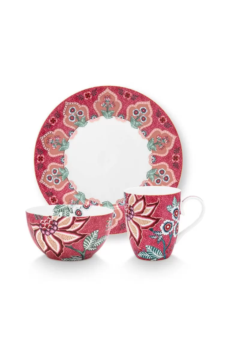 Pip Studio Flower Festival Ontbijt Set/3 Donker Roze Best Sale