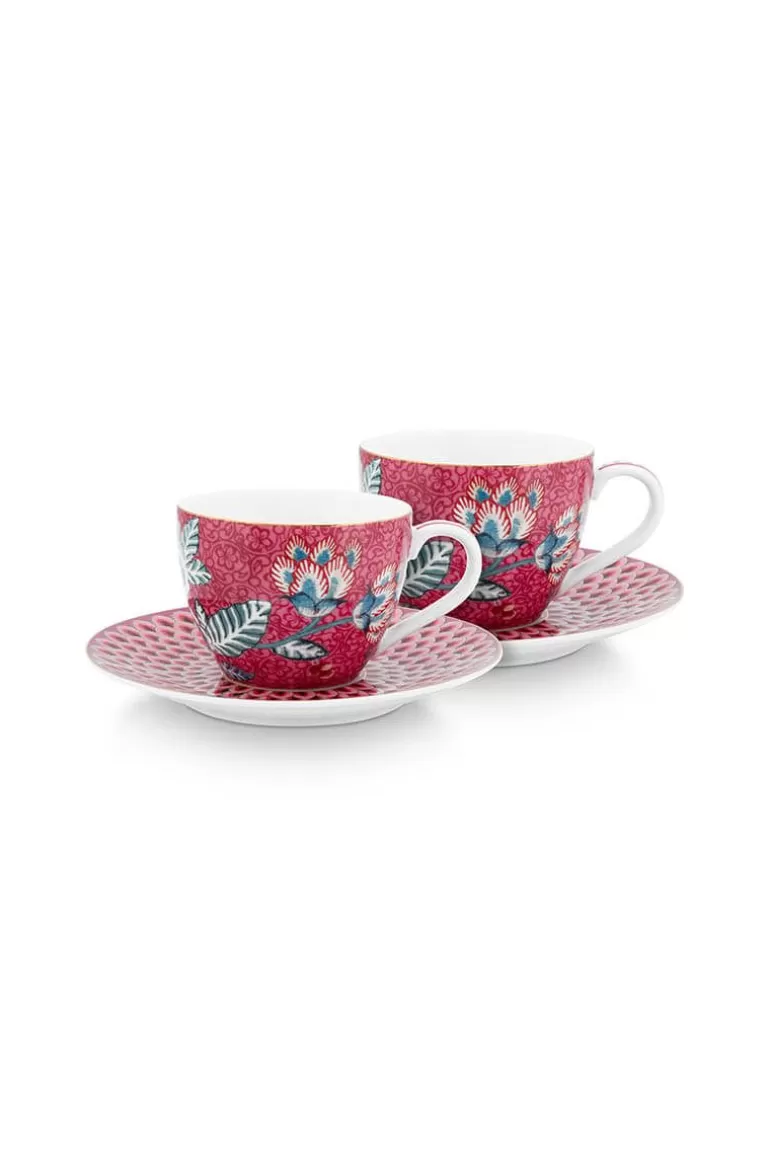 Pip Studio Flower Festival Set/2 Espresso Kop & Schotel Donker Roze Fashion